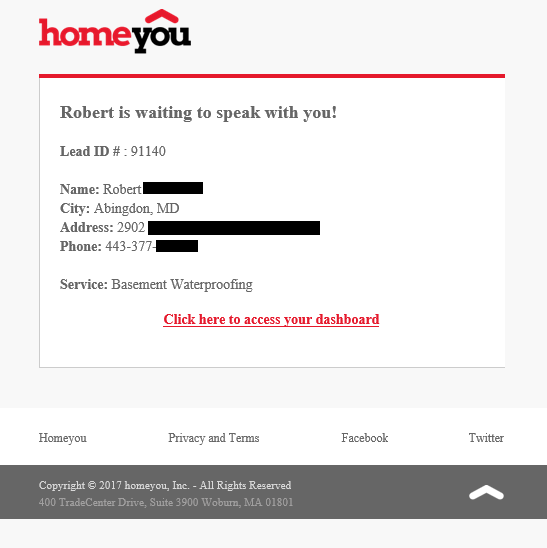 Example of a basement waterproofing lead arriving from Homeyou via email.